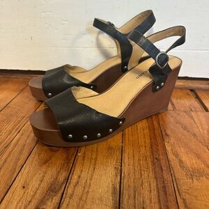 Lucky Brand Zashti Black leather block peep toe  Wedge Sandals studs 8.5